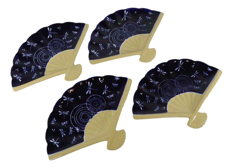 Set Of 4 Blue Ripple Dragonflies Oriental Fan Shaped Appetizer Sushi Plates
