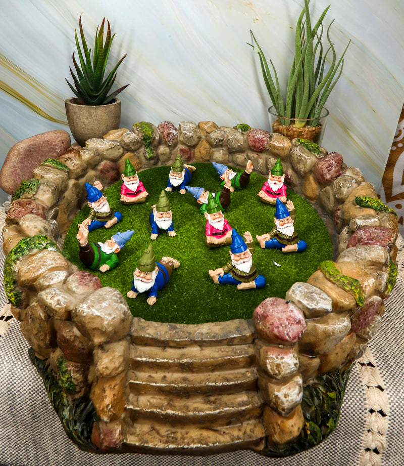 Fairy Garden Village Stone Walls Planter With Steps Display & 12 Yoga Gnomes Set