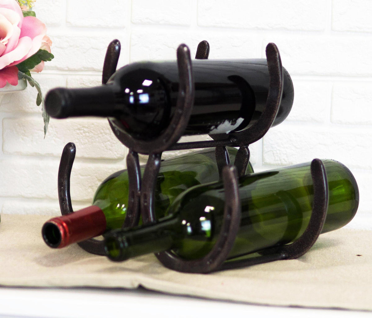 Large Cast Iron Rustic Farmhouse Stacked Horseshoes 3 Bottles Wine Holder Racks - Ebros Gift