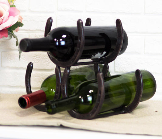 Large Cast Iron Rustic Farmhouse Stacked Horseshoes 3 Bottles Wine Holder Racks - Ebros Gift