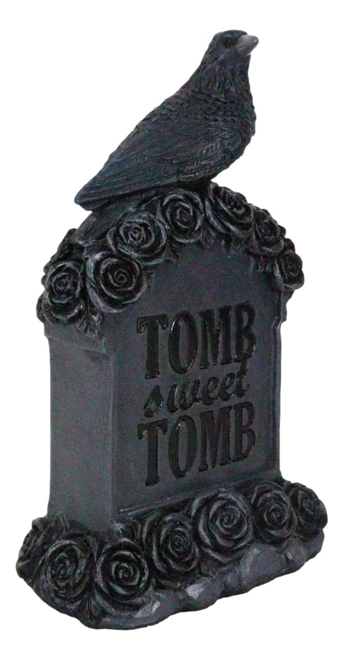 Gothic Raven Crow Perching On Black Roses Graveyard Tomb Headstone Figurine