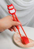 Red Whimsical Owl Reusable Training Chopsticks Set With Silicone Helper BPA Free