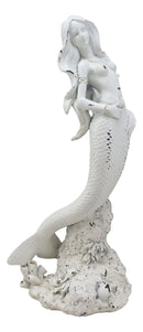 Rustic White Stone Finish Nautical Ariel Mermaid Standing By Coral Reef Figurine