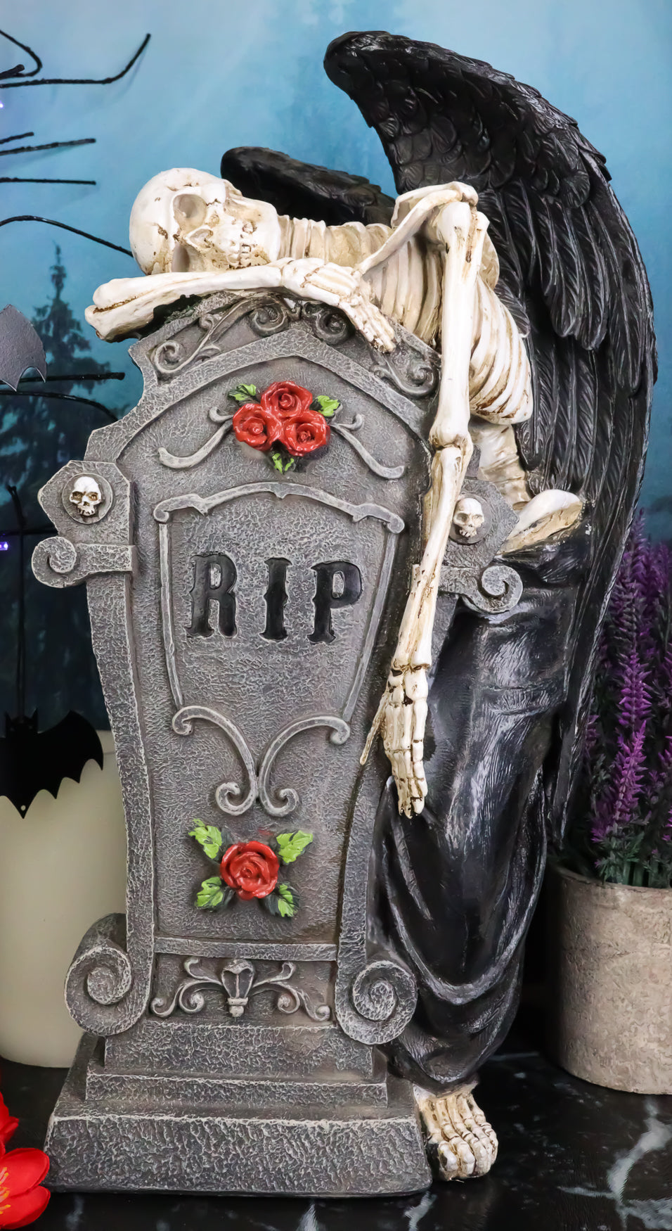 Large Winged Death Angel Grim Reaper Skeleton By Graveyard Tombstone Figurine