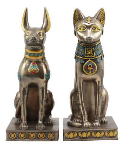 Egyptian Goddess Bastet And God Anubis Sitting On Pedestal Statue Set Of 2