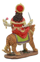 Hindu Goddess Durga Wearing Red Sari Riding On Tiger Figurine 8.5" Tall Statue