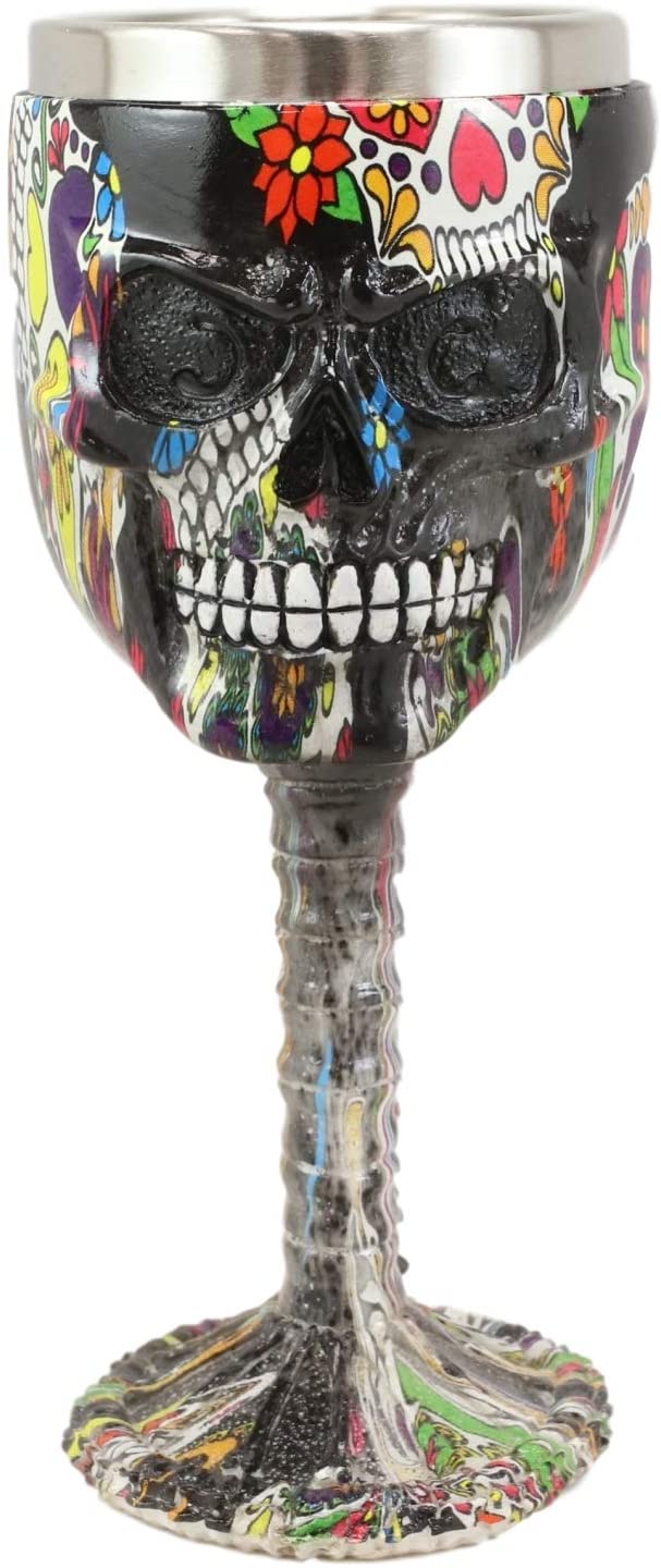 Ebros Black Floral Sugar Skull Wine Goblet Chalice Beverage Drinkware 7.25"H