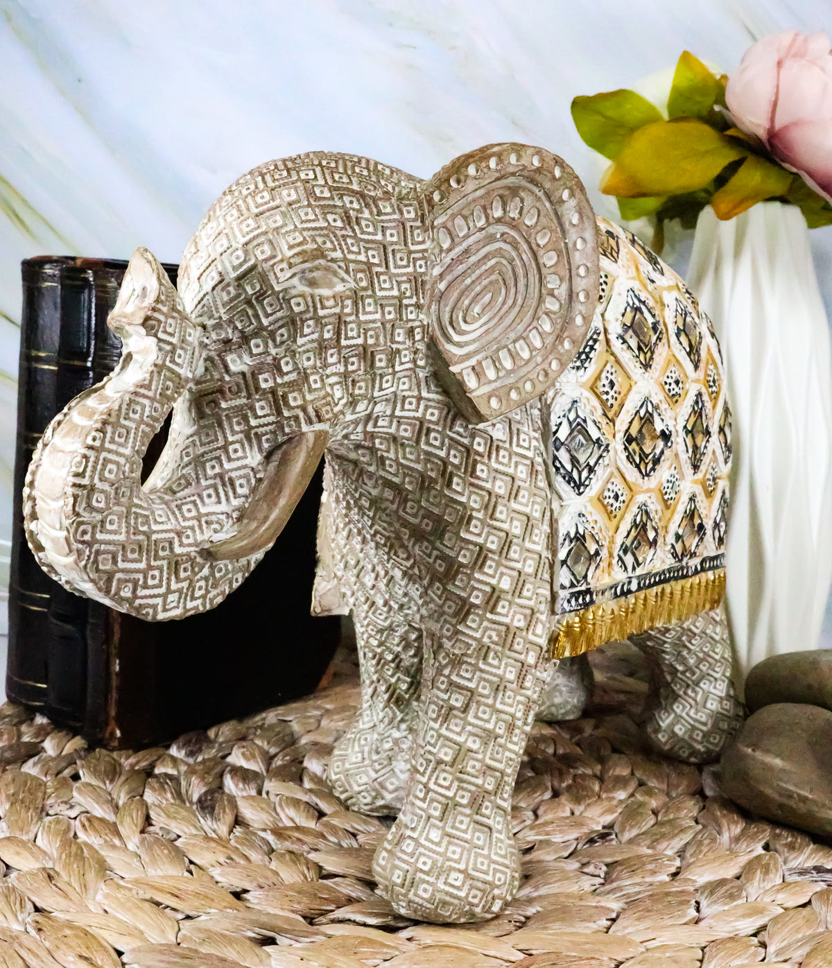 Silver Grey Accent Mosaic Design Noble Elephant With Trunk Up Statue 9"L Decor