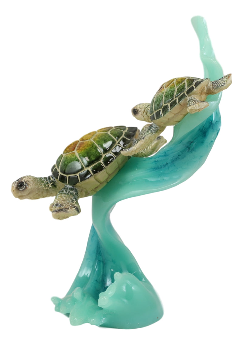 Marine Green Sea Turtle With Hatchling Riding Blue Ocean Current Waves Statue