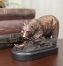 Woodlands Grizzly Bear By River Rock Catching Fish Bronze Electroplated Figurine