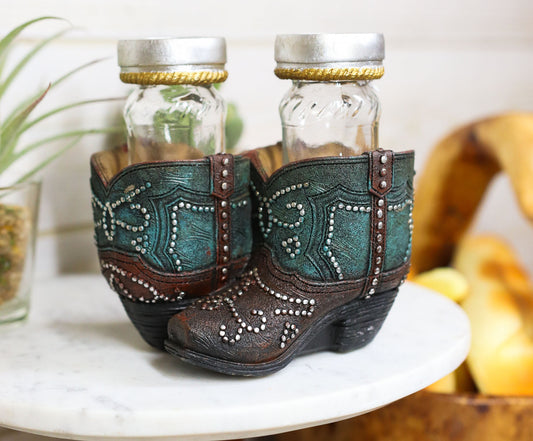 Ebros Fancy Beads Turquoise Pair Of Cowgirl Boots Salt and Pepper Shakers Holder Set