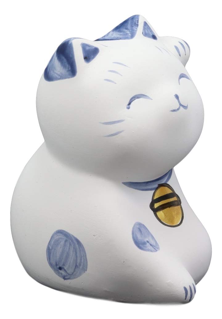 Ebros Japanese Lucky Charm Beckoning Cat White Maneki Neko With Blue Spots Figurine
