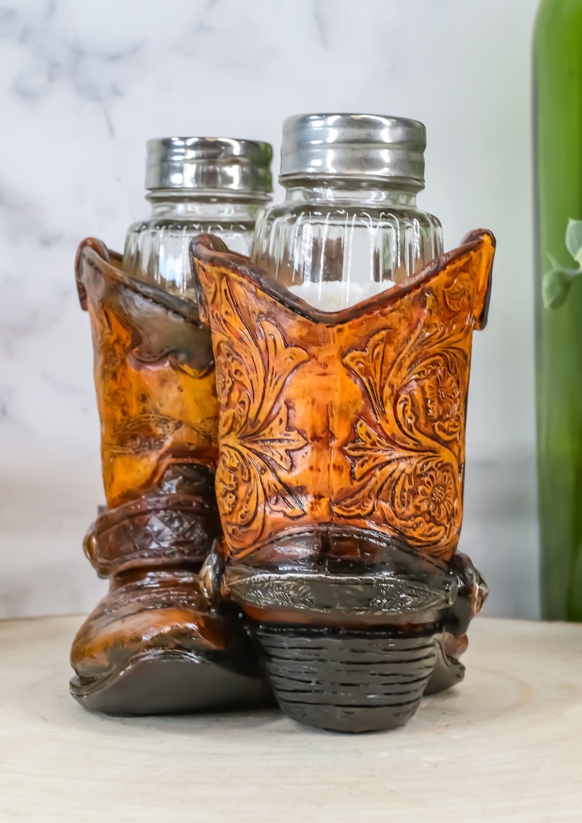 Ebros Fancy Pair Of Cowboy Boots W/ Texas Star Salt & Pepper Shakers Holder Set
