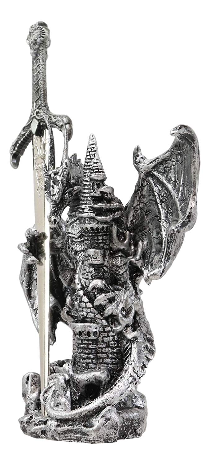 Ebros Gift Legendary Silver Dragon Protecting Castle Tower Letter Opener Figurine Sculpture Home and Office Decorative Sculpture Medieval Renaissance Dungeons and Dragons Fantasy