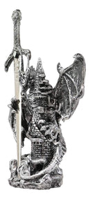 Ebros Gift Legendary Silver Dragon Protecting Castle Tower Letter Opener Figurine Sculpture Home and Office Decorative Sculpture Medieval Renaissance Dungeons and Dragons Fantasy