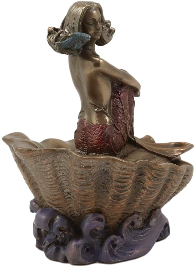 Ebros Bronzed Resin Mermaid On Giant Sea Clam Shell Small Decorative Trinket Box