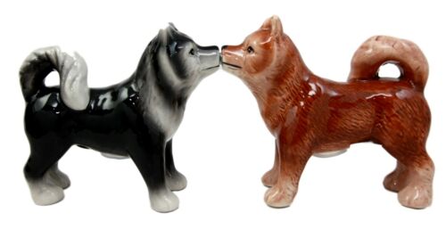 Ebros Animated Dog Siberian Huskies Salt and Pepper Shakers Ceramic Magnetic Figurine Set 4" L Pedigree Dogs Husky Breed Brown and Black Coat Kissing Collectible Figurines Kitchen Decorations - Ebros Gift