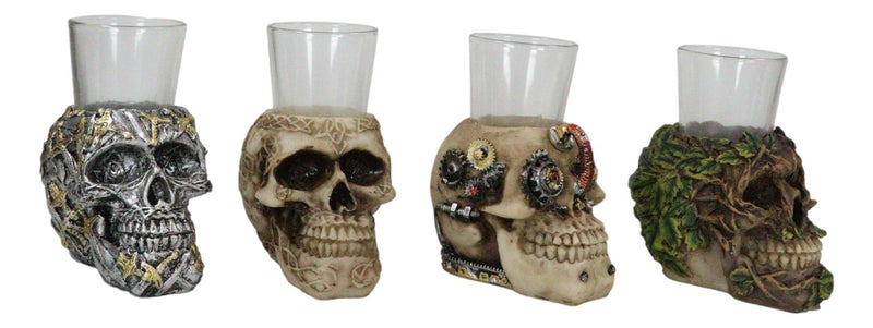 Gothic Greenman Diamond Steampunk And Tribal Skulls Resin Shot Glass Set Of 4