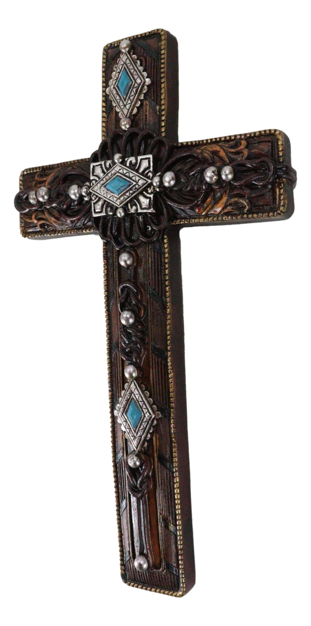 Rustic Western Turquoise Gems Silver Conchos Tooled Leather Wall Cross Decor - Ebros Gift