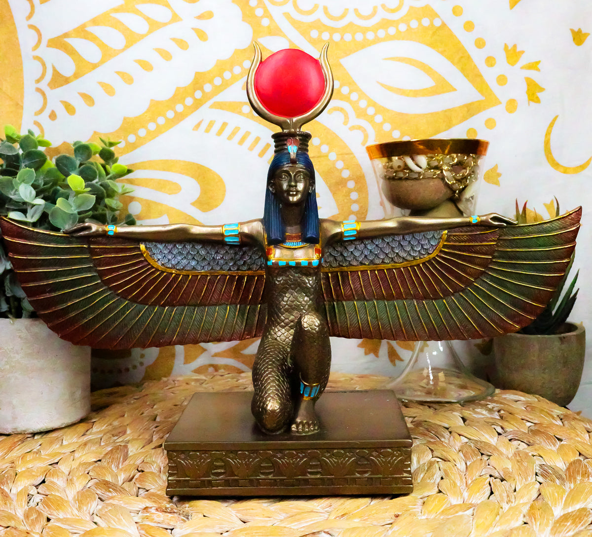 Egyptian Goddess Of Motherhood And Magic Isis Ra Kneeling With Open Wings Statue