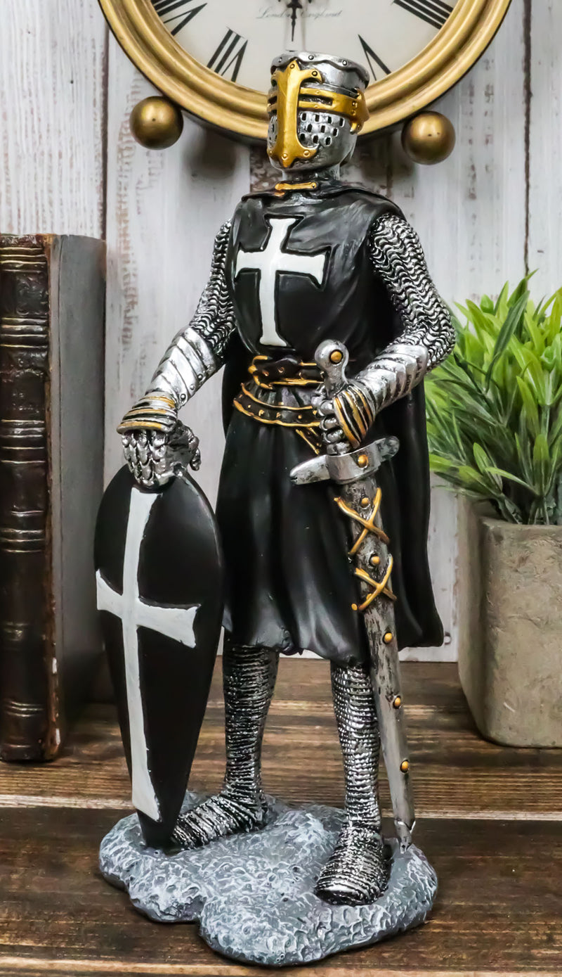 Black Cloak Medieval Crusader Swordsman With Shield Of Faith Knight Figurine