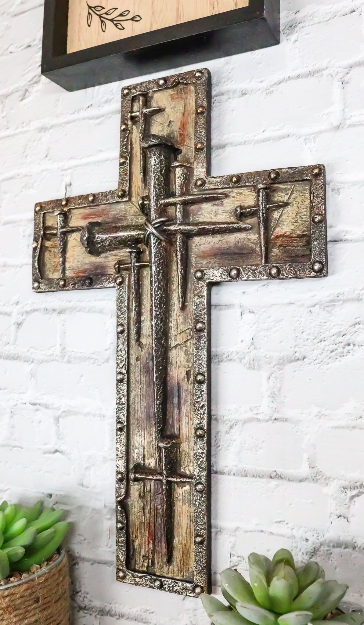 Rustic Western Spike Nails Layered Wall Cross With Nailhead Borders Crucifix Art