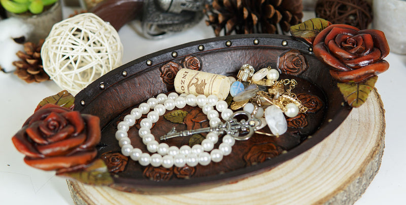 Vintage Western Red Roses Faux Tooled Leather Jewelry Tray Fruit Platter Dish