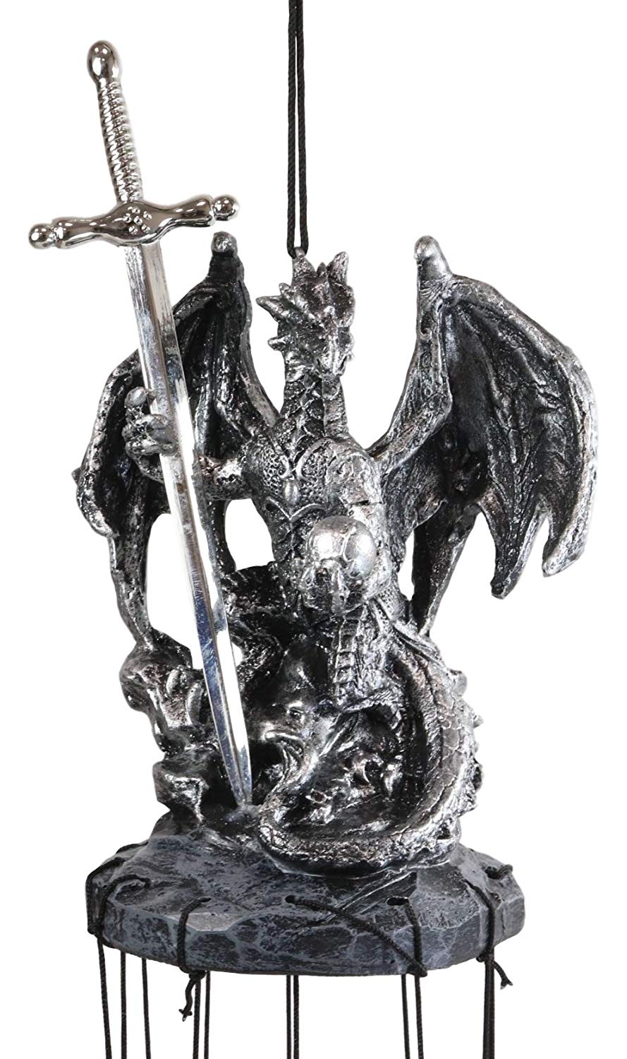 Ebros Gift Medieval Silver Dragon Holding Excalibur Sword and Orb Figurine Crown Top Resonant Wind Chime Garden Patio Home Fantasy Dungeons and Dragons Accent Decor - Ebros Gift