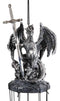 Ebros Gift Medieval Silver Dragon Holding Excalibur Sword and Orb Figurine Crown Top Resonant Wind Chime Garden Patio Home Fantasy Dungeons and Dragons Accent Decor