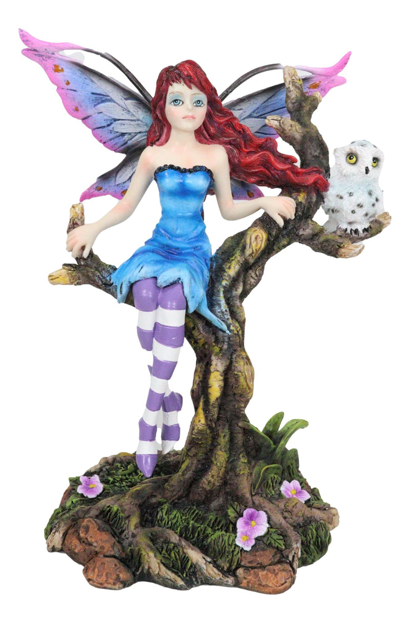 Blue Avatar Butterfly Fairy With Snow Owl Sitting On Magic Forest Tree Figurine