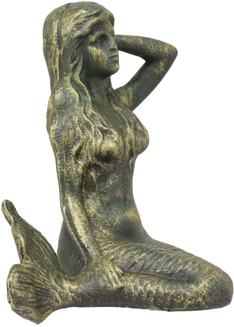 Ebros Gift 6.75" Tall Nautical Siren Expecting Mermaid Cast Iron Rustic Vintage Patina Finish Statue Ocean Goddess Princess Coastal Beach Under The Sea Mermaids Decorative Accent