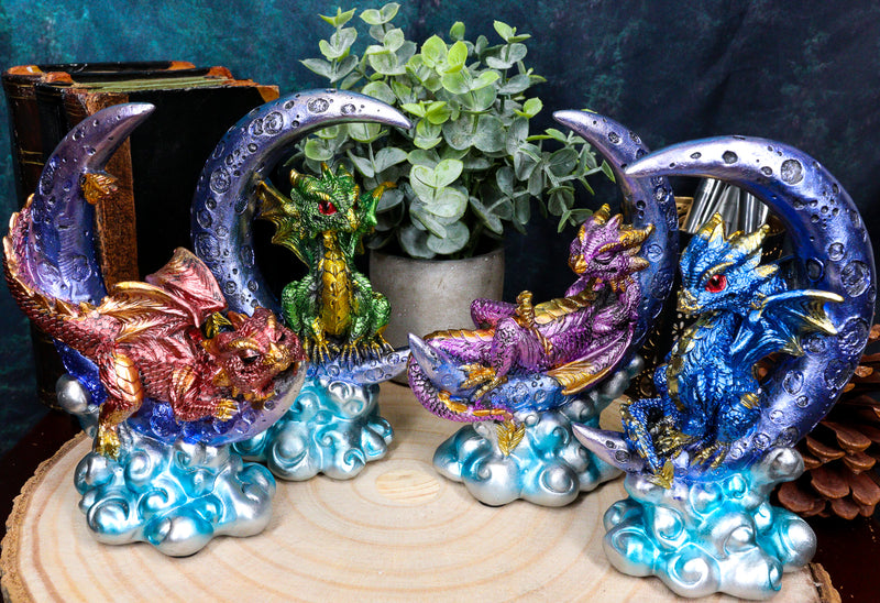 Ebros Crescent Moon On Clouds Resting Guardian Dragon Figurines 6.25"H Set of 4