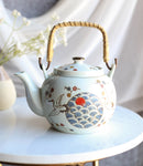 Crane And Red Moon Cherry Blossoms Ceramic 38oz Large Tea Pot With Bamboo Handle