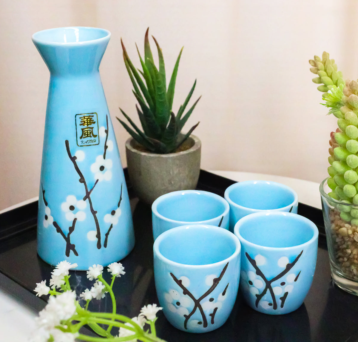White Sakura Cherry Blossom Sky Blue Ceramic Sake Set Carafe Flask With 4 Cups