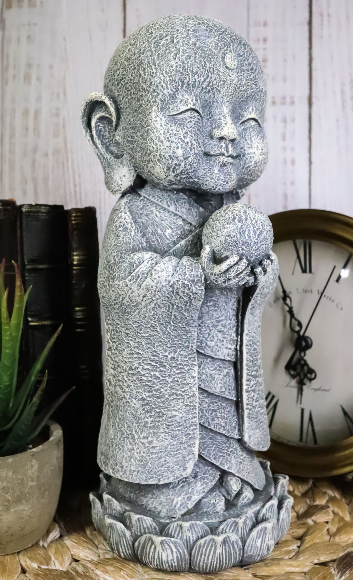 Ebros Japanese Jizo Monk Standing On Lotus Figurine 9.75"H (With Wisdom Pearl)
