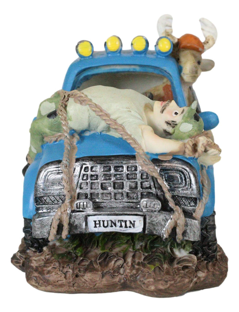 Buck Deer With Rifle In Blue Pick Up Truck With Tied Up Hunter On Hood Figurine