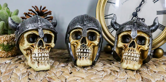 Set of Three Viking Warlords Skull With Battle Helmets Figurine Norse Mythology - Ebros Gift