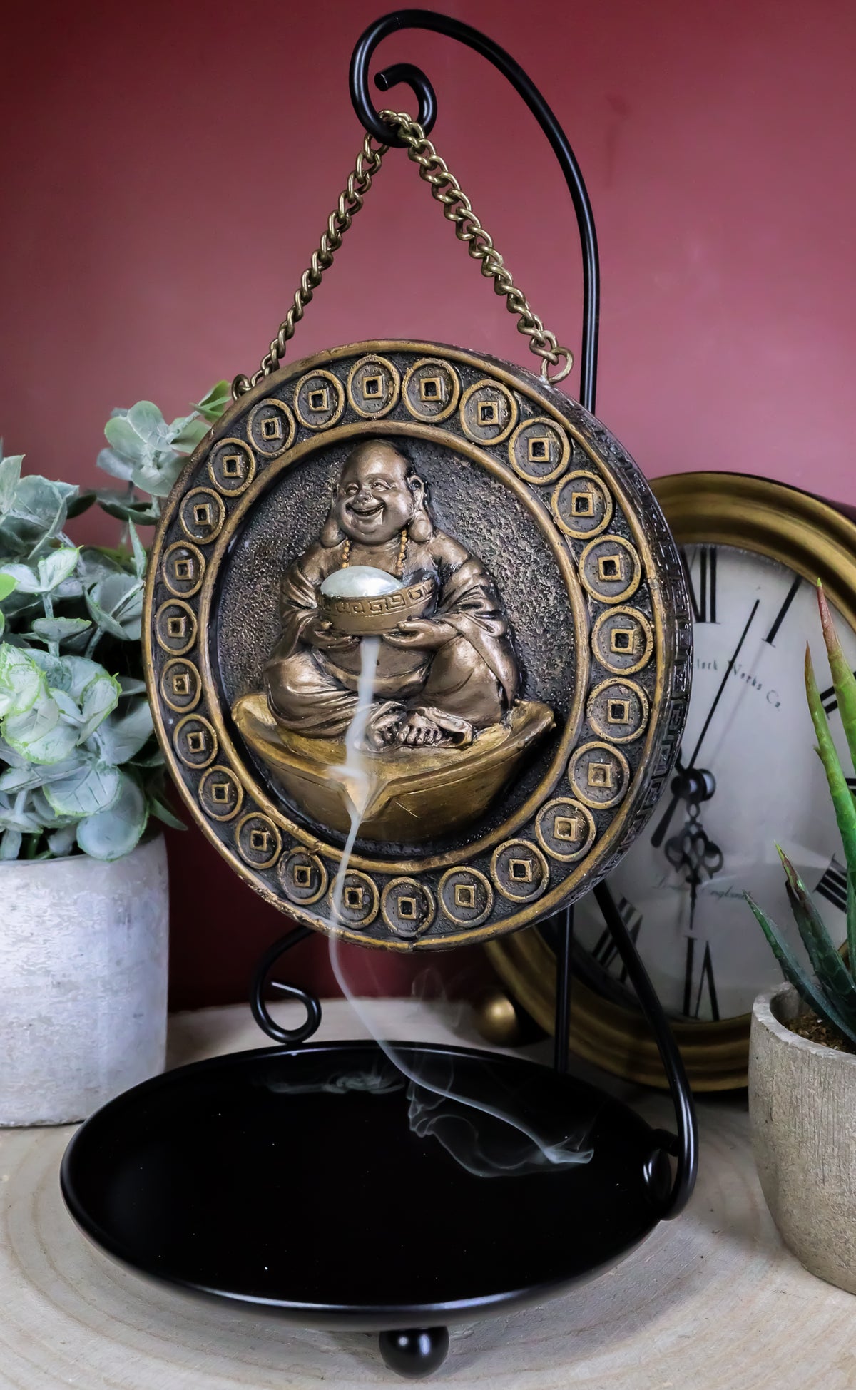 Feng Shui Lucky Buddha Hotei Medallion Backflow Incense Burner With Stand 9.75"H