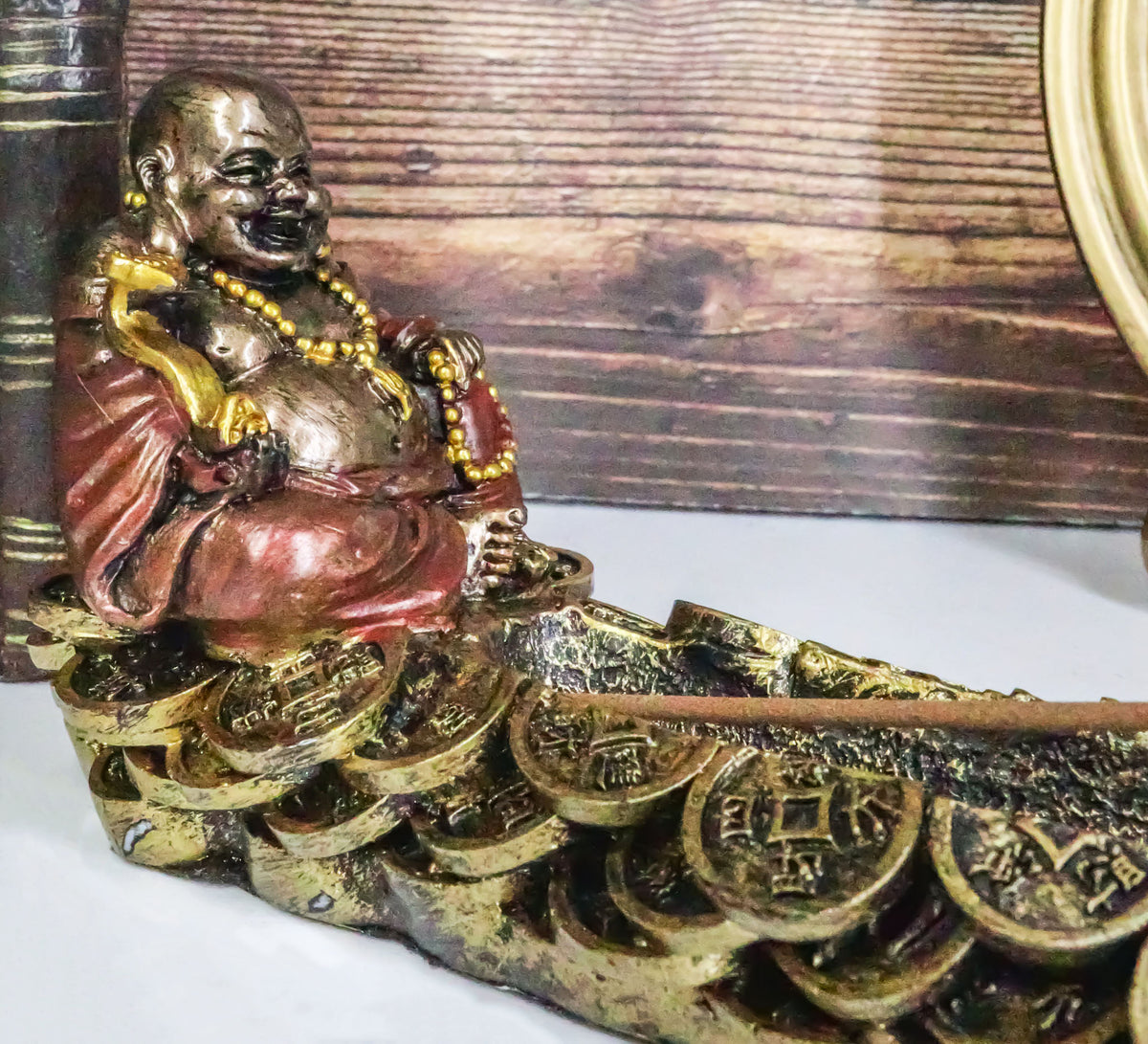 Hotei Lucky Fortune Buddha Maitreya Holding Prayer Beads Incense Holder Figurine