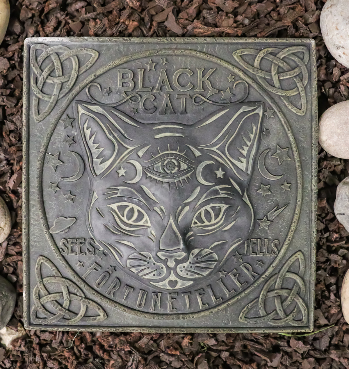 Wicca Halloween Black Cat Sees and Tells Fortune Teller Resin Stepping Stone