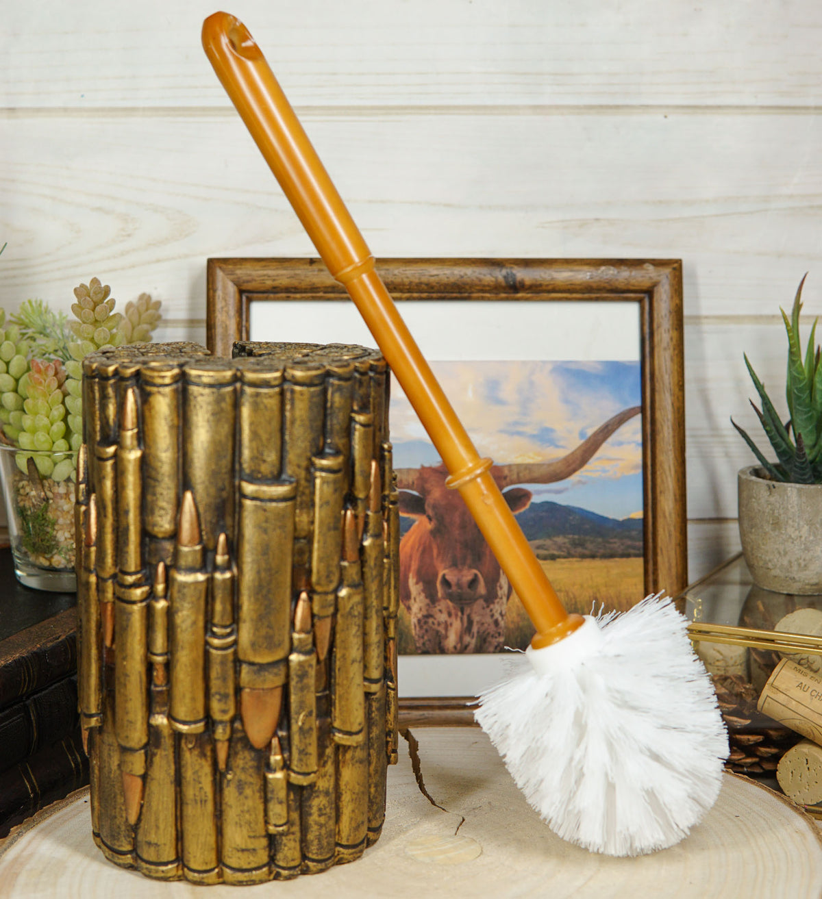 Western Military Rifle Ammo Shells Gold Tone Bullets Toilet Brush and Holder Set - Ebros Gift