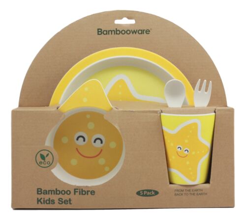 Yellow Star 5 Piece Organic Bamboo Dinnerware Set For Kids Children Toddler Baby