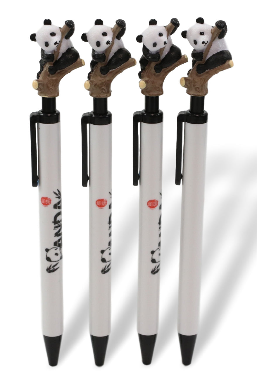 Pack Of 4 Panda Bear Cub Climbing On Tree White Ballpoint Ball Black Ink Pens - Ebros Gift