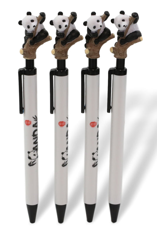 Pack Of 4 Panda Bear Cub Climbing On Tree White Ballpoint Ball Black Ink Pens - Ebros Gift