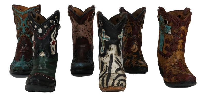 Rustic Western Crosses Tooled Leather Finish Mini Cowboy Boots Figurine Set Of 6