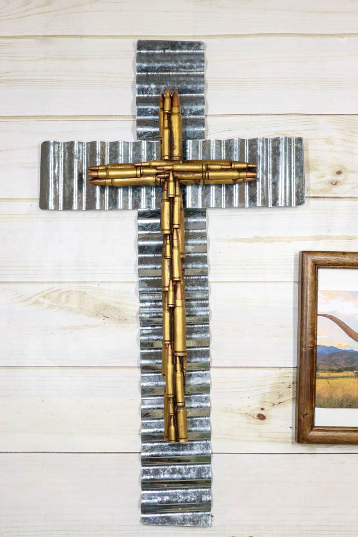 Rustic Western Rifle Pistol Bullet Shells Layered Galvanized Metal Wall Cross