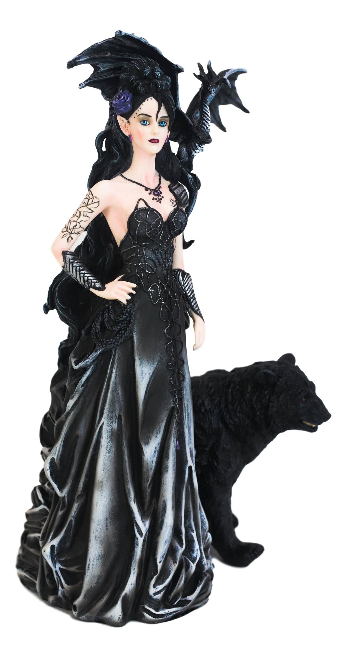 Gothic Bella Donna Purple Rose Witch Fairy with Black Dragon And Bear Statue