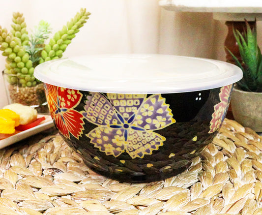 Set of 2 Ceramic Midnight Floral Blossoms Portion Meal Bowls 5 Cups Airtight Lid