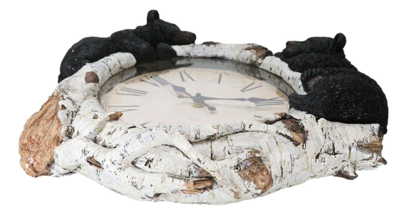 Rustic Western Forest Black Bear Cubs Climbing Birchwood Branch Resin Wall Clock