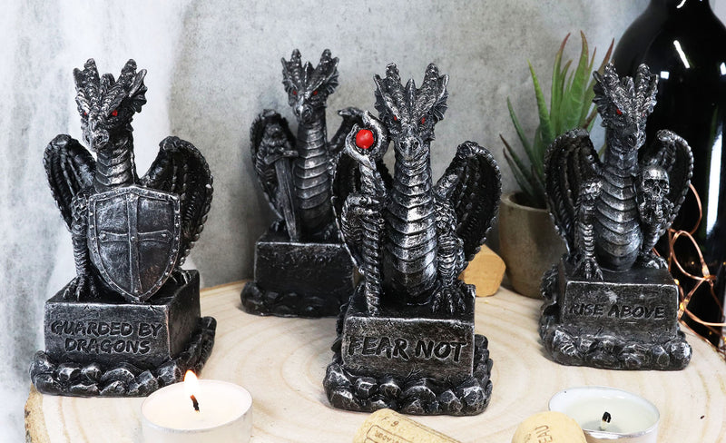 Ebros Medieval Inspirations Guardian Dragons W/ Shield Sword Staff And Skull Set of 4